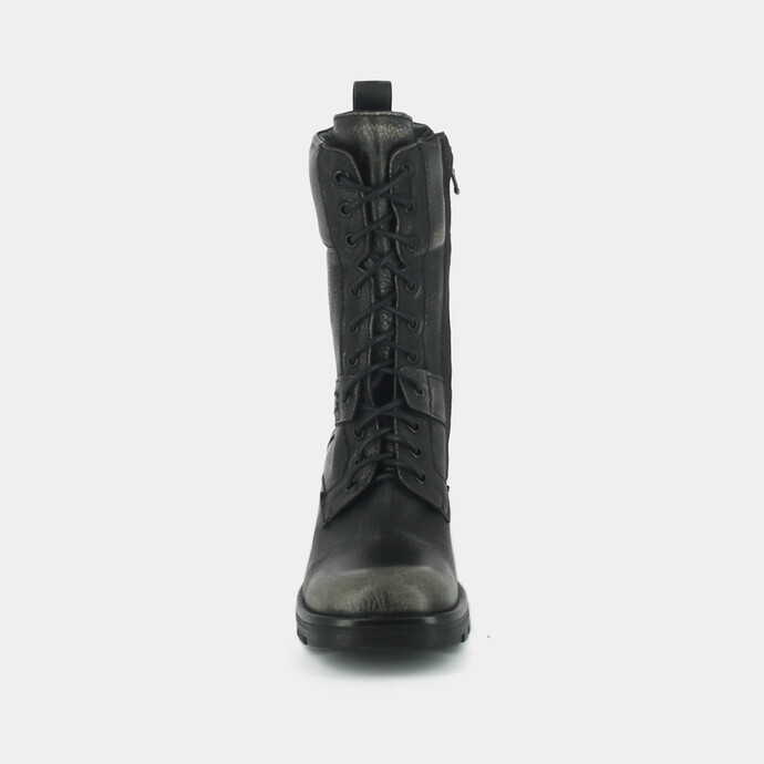 Boots à lacets, talons épais et semelles crantées  en cuir vieilli gris