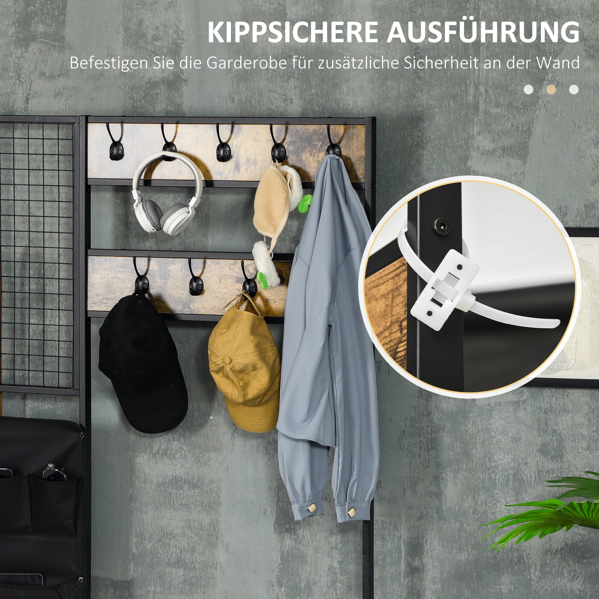 HOMCOM Garderobenständer mit Haken, Memoboard, Aufbewahrungstasche und Schuhregal braun 100L x 40B x 185H cm