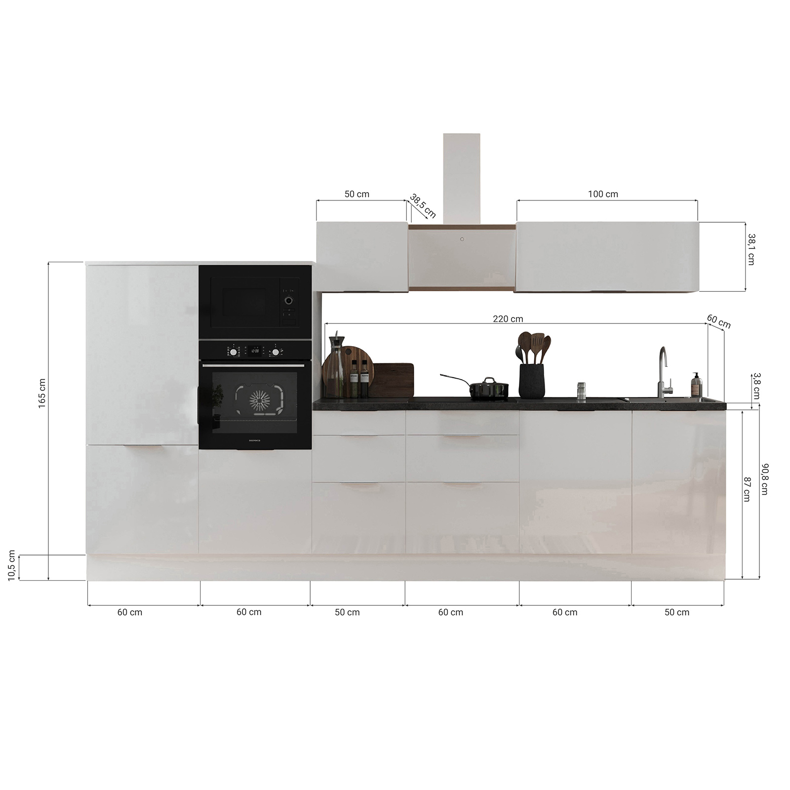 RESPEKTA Küchenblock - grau matt - weiß matt - mit E-Geräten - 340 cm