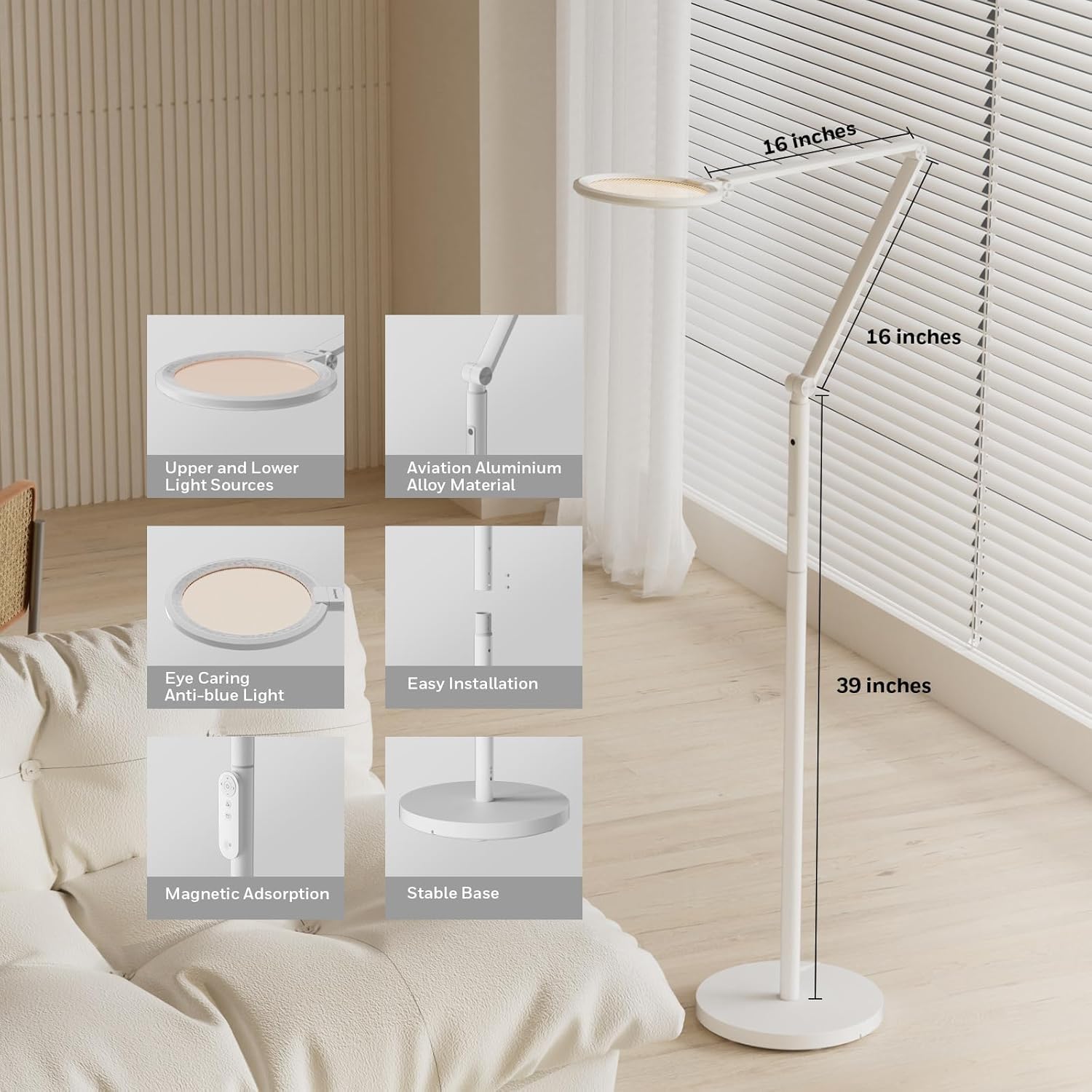 Honeywell LED Stehlampe - F01WT Sunturalux™ Augenfreundliche dimmbare Stehlampe mit Fernbedienung, 5 Farben & 5 Helligkeitsstufen verstellbare Lampe für Zuhause, Büro, Wohnzimmer, Weiß