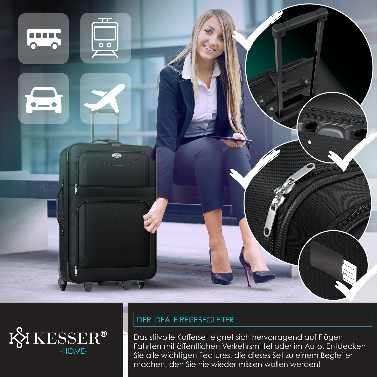 KESSER® 4tlg Trolley Kofferset | Reisekoffer Setmit Rollen | Komplettes Business 4er Set | S M L XL | Netzfach | Rollen | Teleskopgriff | Koffer Reisetaschen Stoffkoffer | Handgepäck |