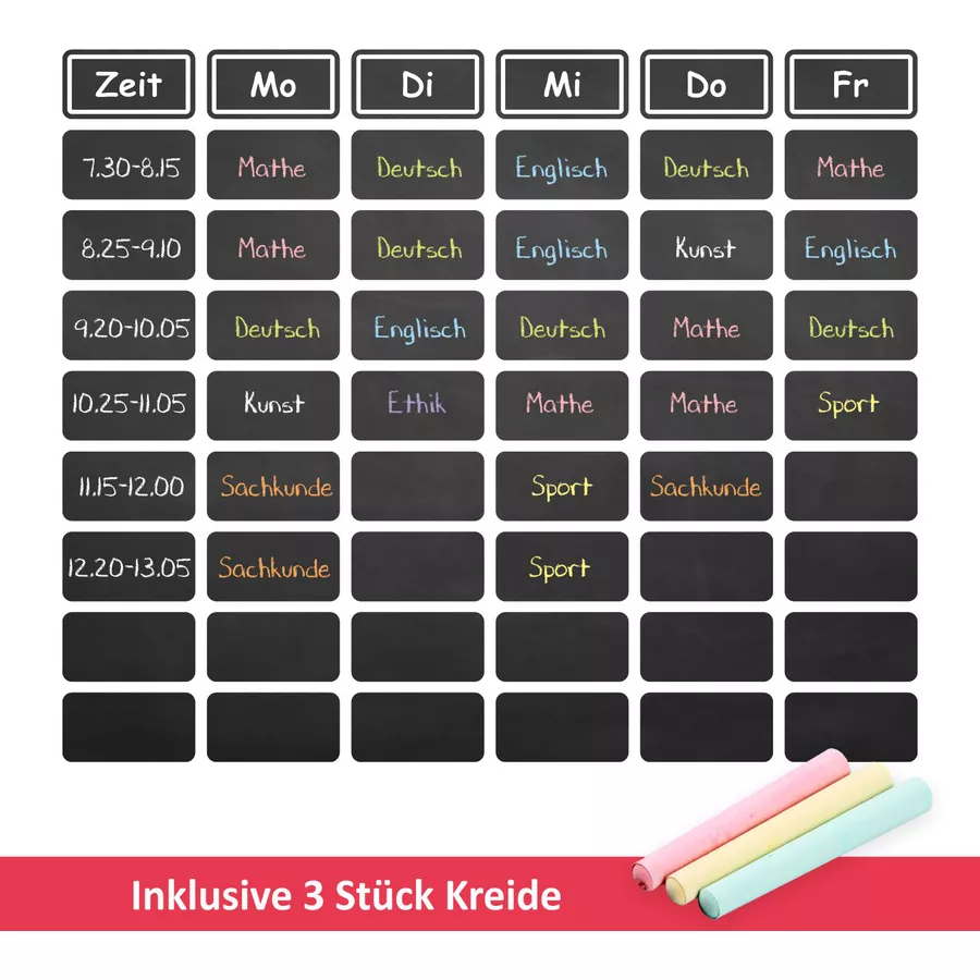 Nikima Wandtattoo 019 Stundenplan- selbstklebende Tafelfolie Kreidefolie inkl. 3 Stück Kreide schwarz