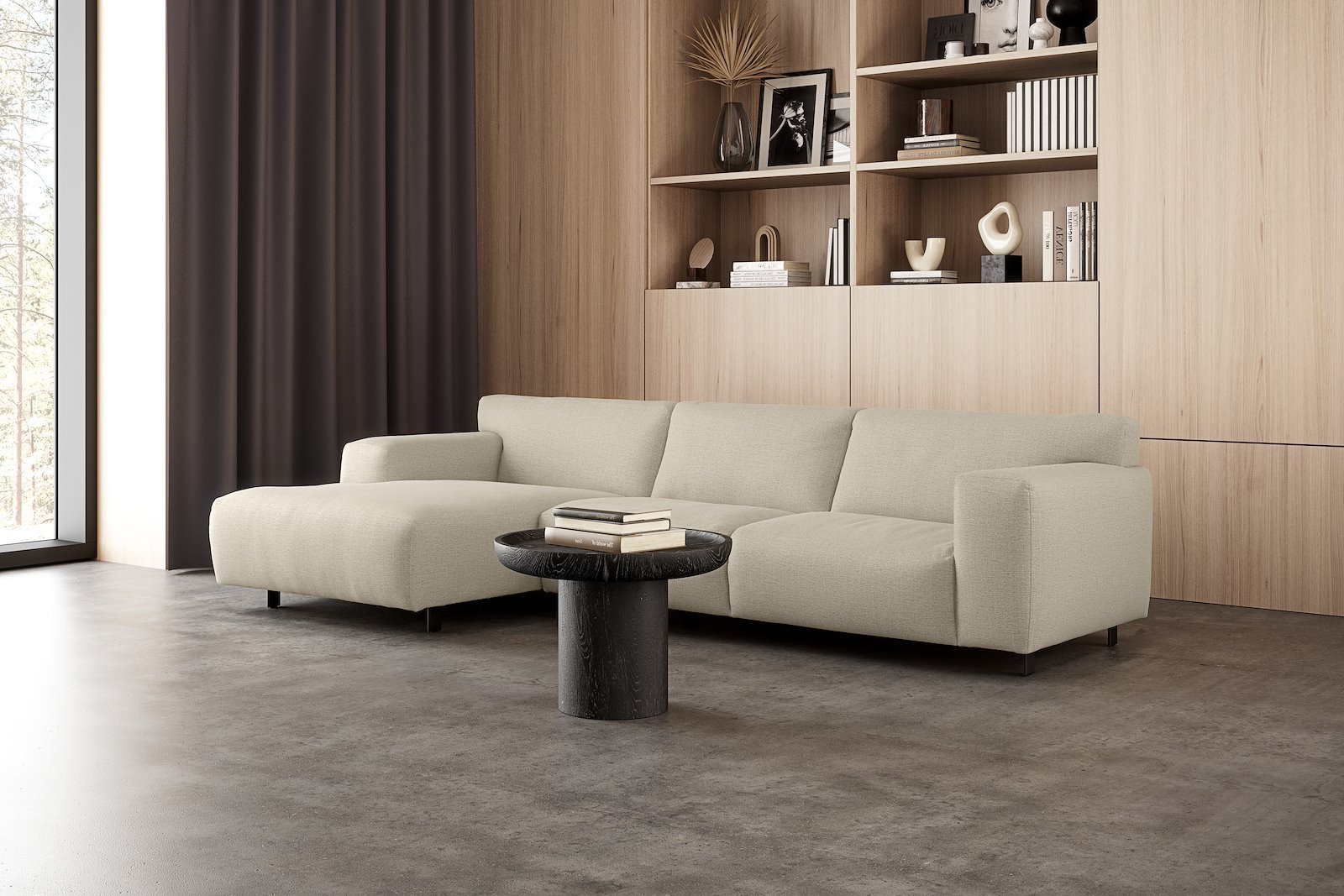 Vesta 2,5-seter med sjeselong venstre I Tekstil Cortina Sand, standardsøm, sort metallben 10 cm, Comfort CM