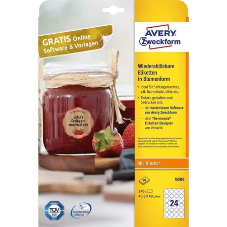 Avery Zweckform 5084 Wiederablösbare Etiketten in Blumenform,A4 40,8 x 40,3 mm, 10 Bogen/240 Etiketten, weiß