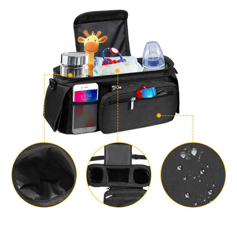 (33x16x10cm) Kinderwagen Organizer Tasche Wickeltasche Aufbewahrungsfächer für Windeln / Milchflasche / Kleidung - Schwarz