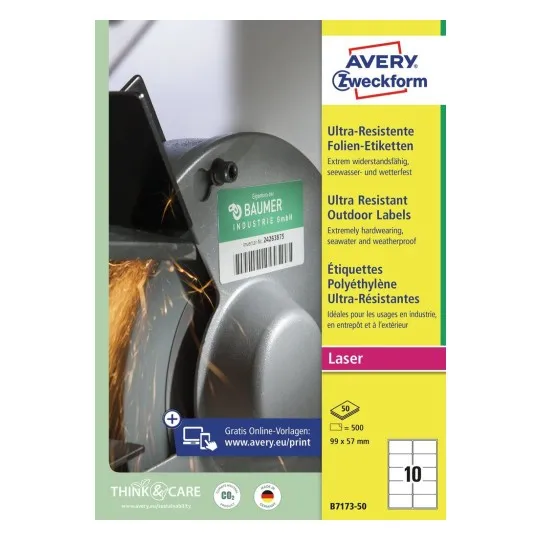 Etiketter Avery 99x57 mm hvid, tåler varme, kulde, aftørring, høj belastning, stræk - (50 ark x 10 stk.)