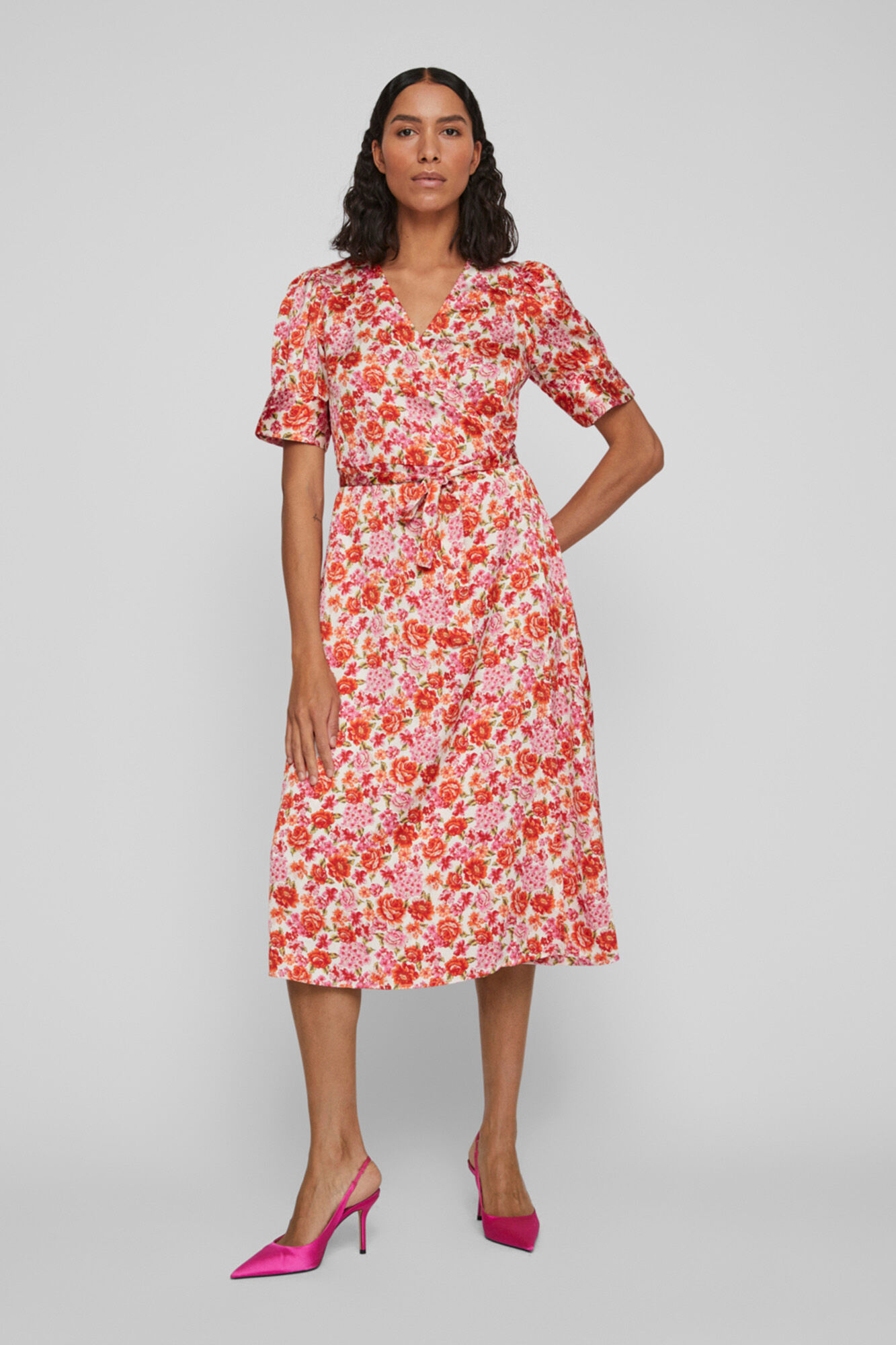 Vestido midi de manga curta - Laranja