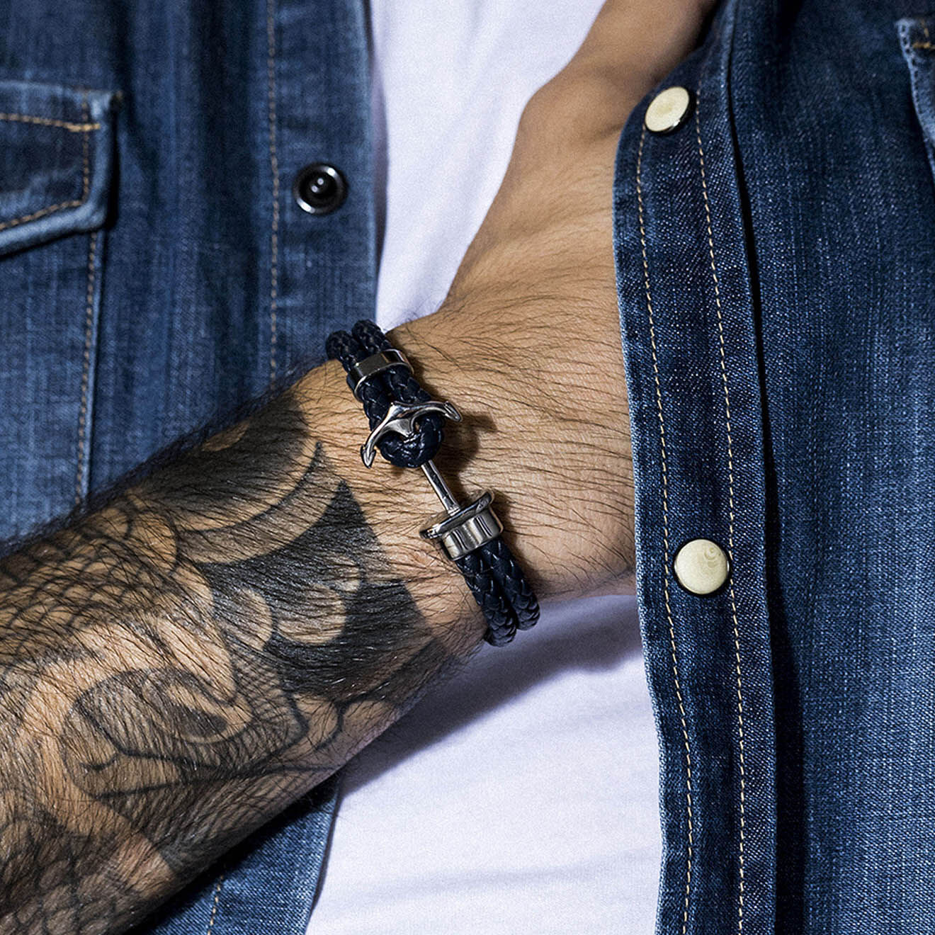 Jacobson Bracelet Anchor en Acier & Cuir noir