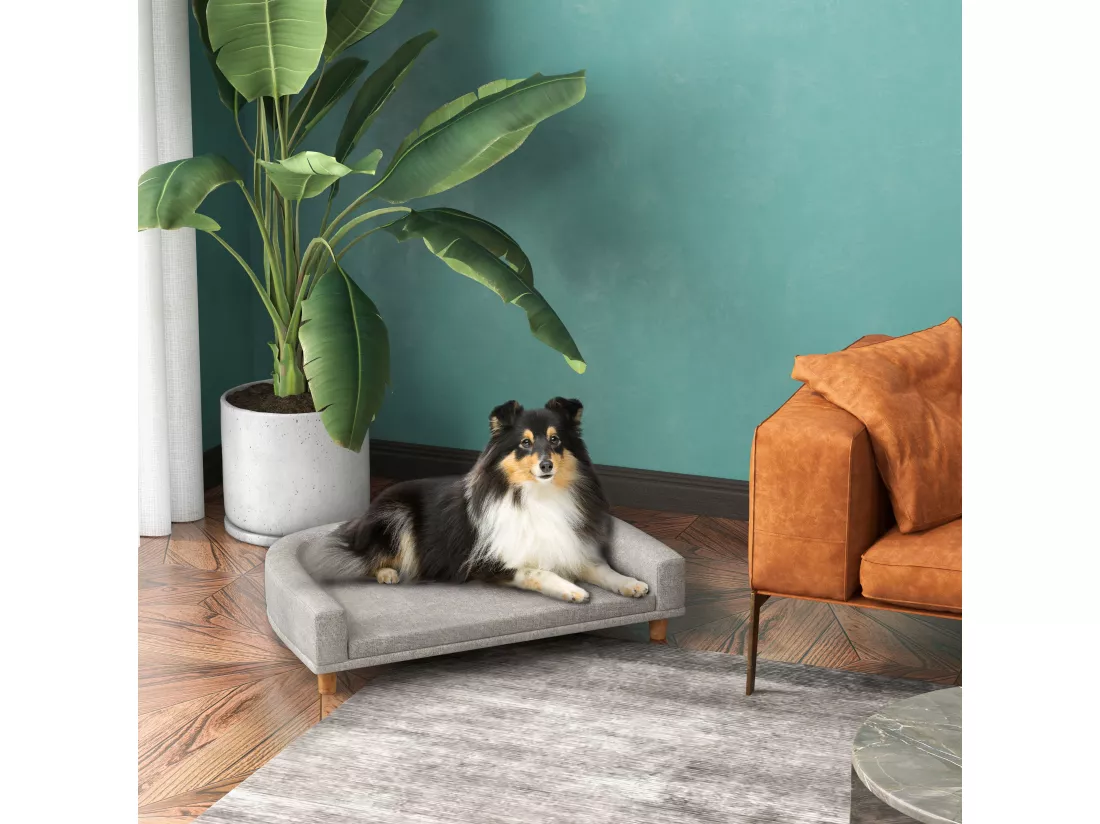 Canapé chien lit pour chien design scandinave coussin déhoussable dim 98L x 67l x 25H cm pieds bois tissu polyester gris