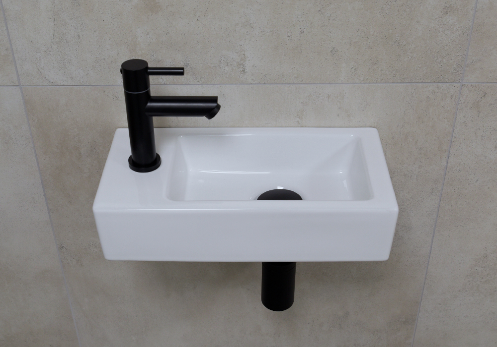 Mueller Mini Rhea 36x18x9 fonteinset met zwarte kraan links