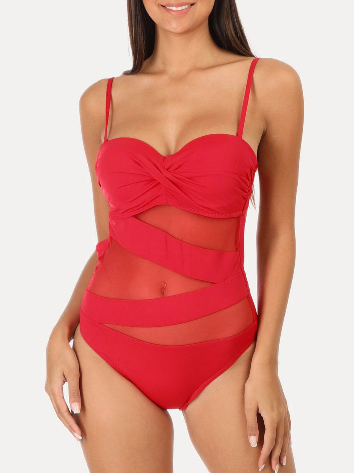 Maillot de bain avec empiècements en tulle- Rouge