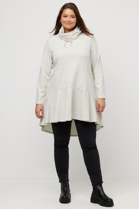 Longsweater, Fischgrat, Volantsaum, Stehkragen, Langarm