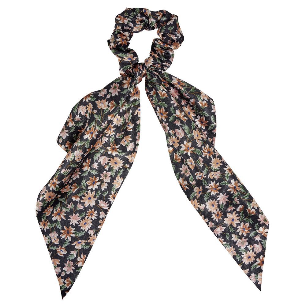 Chouchou ruban long motif fleur noir et rose effet satiné Ø7xL25cm