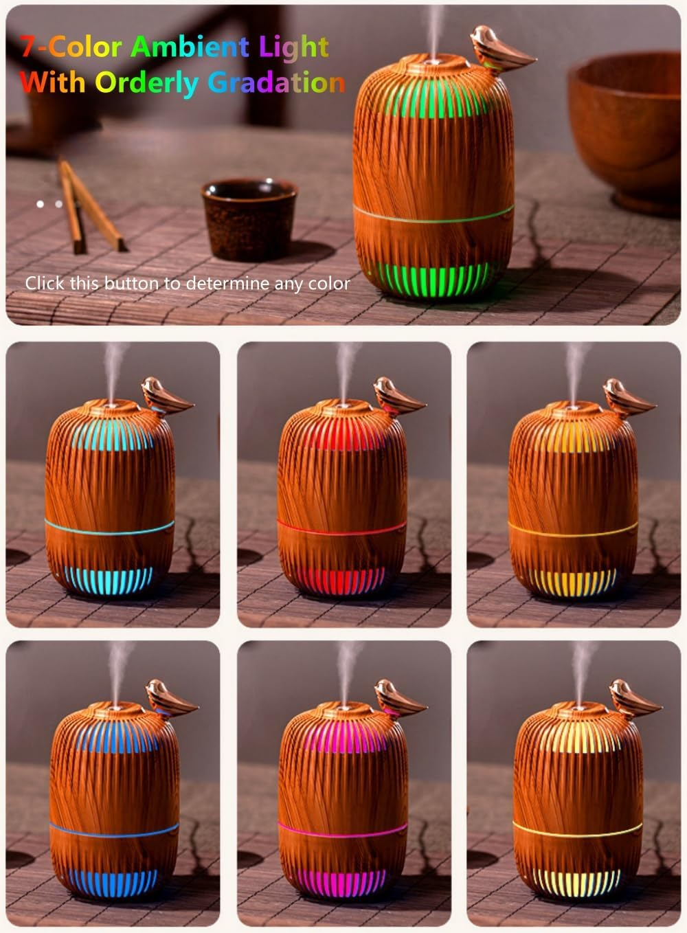 (280ml) Mini USB Luftbefeuchter Diffuser mit LED Beleuchtung - Hellbraun / Vogel
