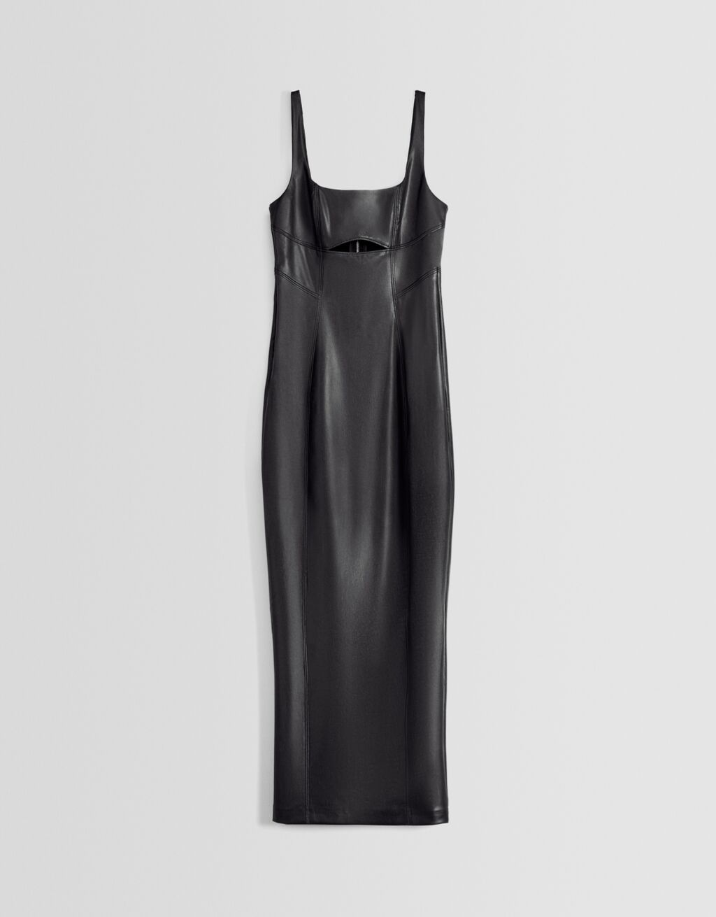 Vestido midi justo com alças e efeito couro.
