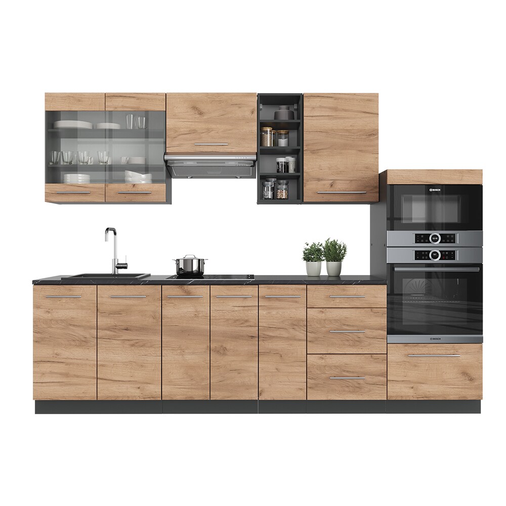 Vicco Küchenzeile Küchenblock Einbauküche Fame-Line Anthrazit Eiche 280cm modern Küchen Schränke Spülenunterschrank Unterschrank Schubunterschrank Hängeschrank Mikrowellenschrank Apothekerunterschrank