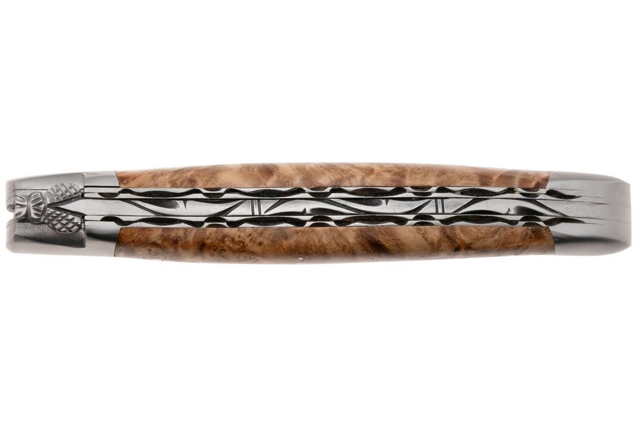 Laguiole en Aubrac Black Ash Burl, Double Plated, Matt Bolsters, zakmes, 12 cm