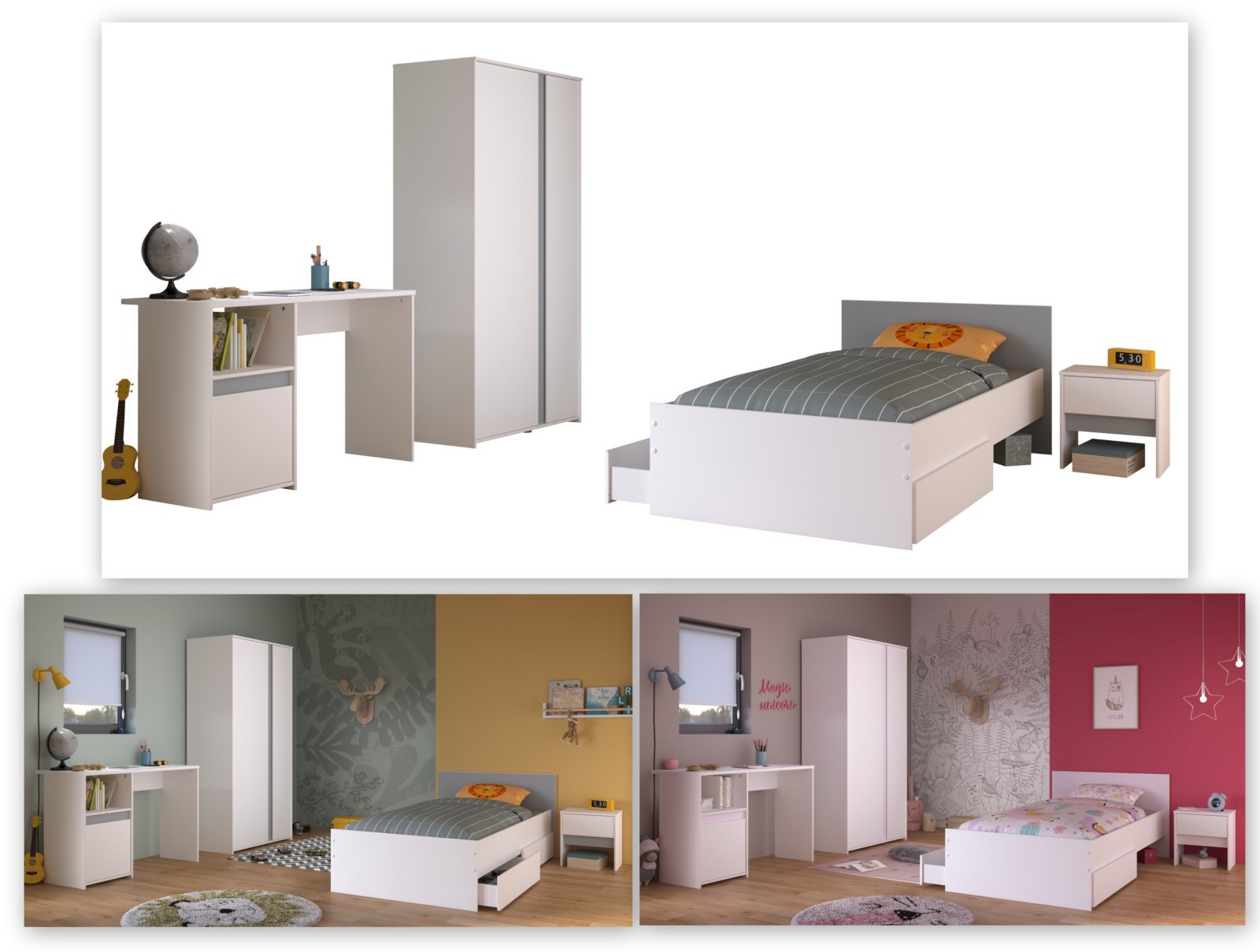 5-teiliges Kinderzimmer PIROUETTE 23 - weiß - rosa oder grau - 90x200 cm