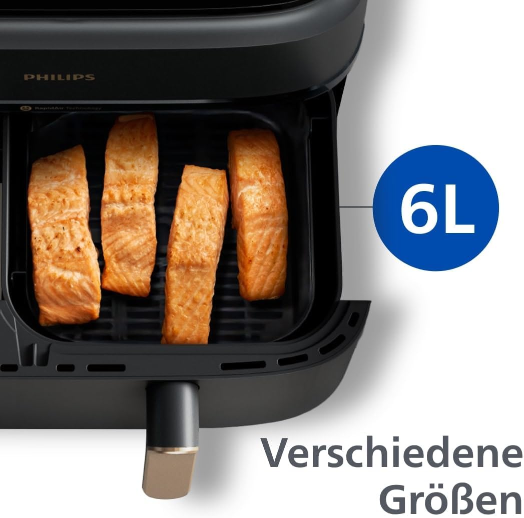Philips Airfryer Dual Basket 3000 Series Heißluftfritteuse, 9L, 2 Körbe, 2 Gerichte gleichzeitig, RapidAir Plus Technologie, 90% weniger Fett, Energieeffizient, HomeID App (NA352/00)