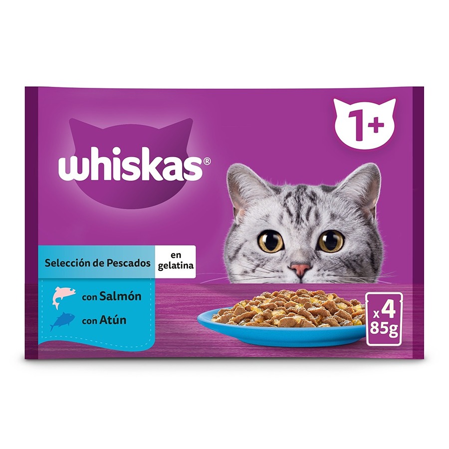 Sachê de gelatina Whiskas com salmão e atum para gatos adultos - Pacote múltiplo
