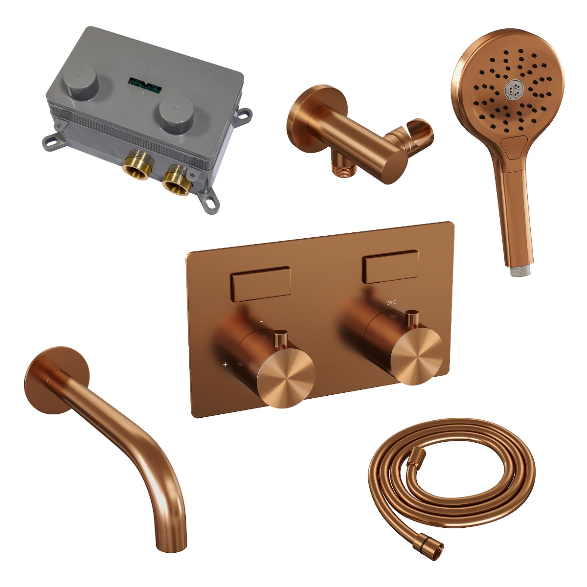 Brauer Copper Edition thermostatische inbouw badkraan met uitloop en 3 standen handdouche set 4 koper geborsteld PVD