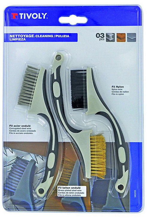 3 mini-brosses à main Tivolys : fil acier, fil laiton, fil nylon