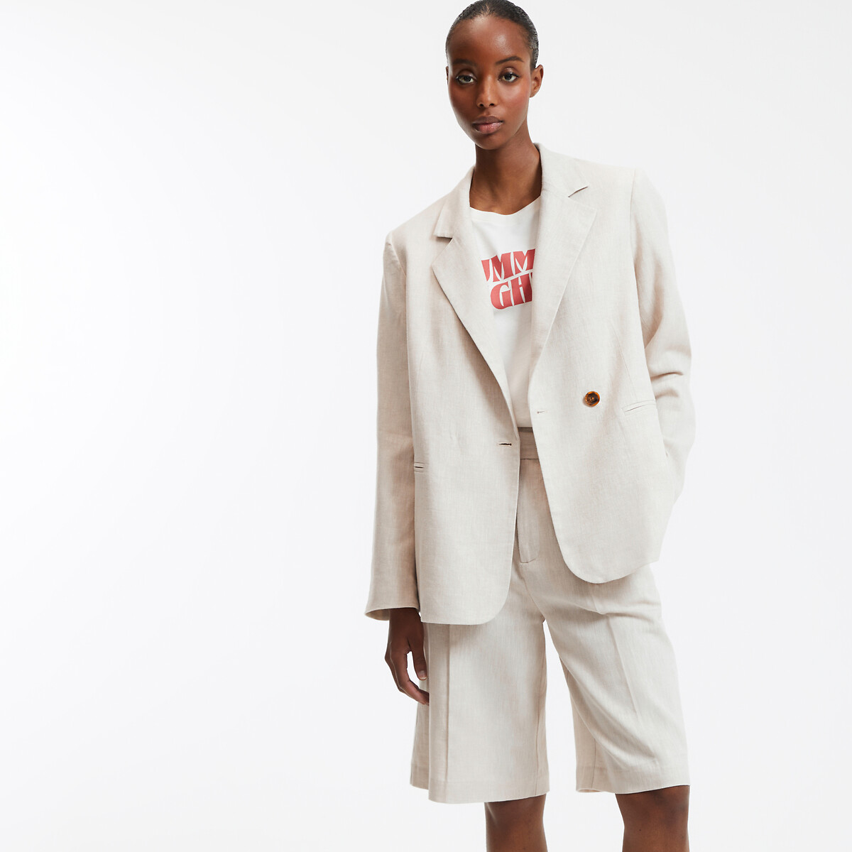 COLEÇÕES LA REDOUTE<br>Blazer assimétrico com fecho de botão em linho e algodão