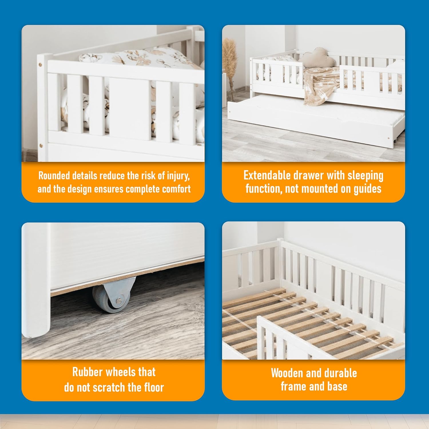 Kinderbett 90x200 cm - Jugendbett mit Auszugbett Lattenrost & Rausfallschutz - Einzelbett Kinder Bett aus Kiefer Massivholz Weiß - Kleinkindbett für Jungen & Mädchen - Standhöhe 20 cm