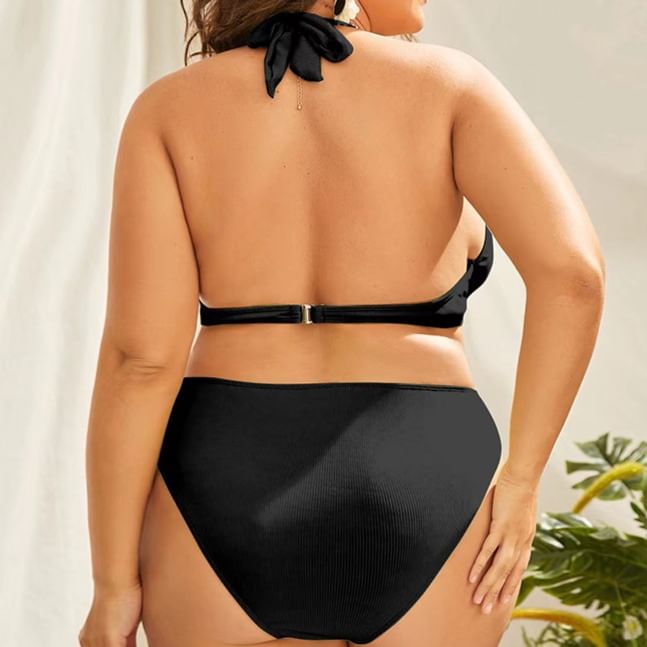 uliaque - Plus Size Set: Halter Halter Halter Bikini Top met Open Rug en Geribbelde Halter