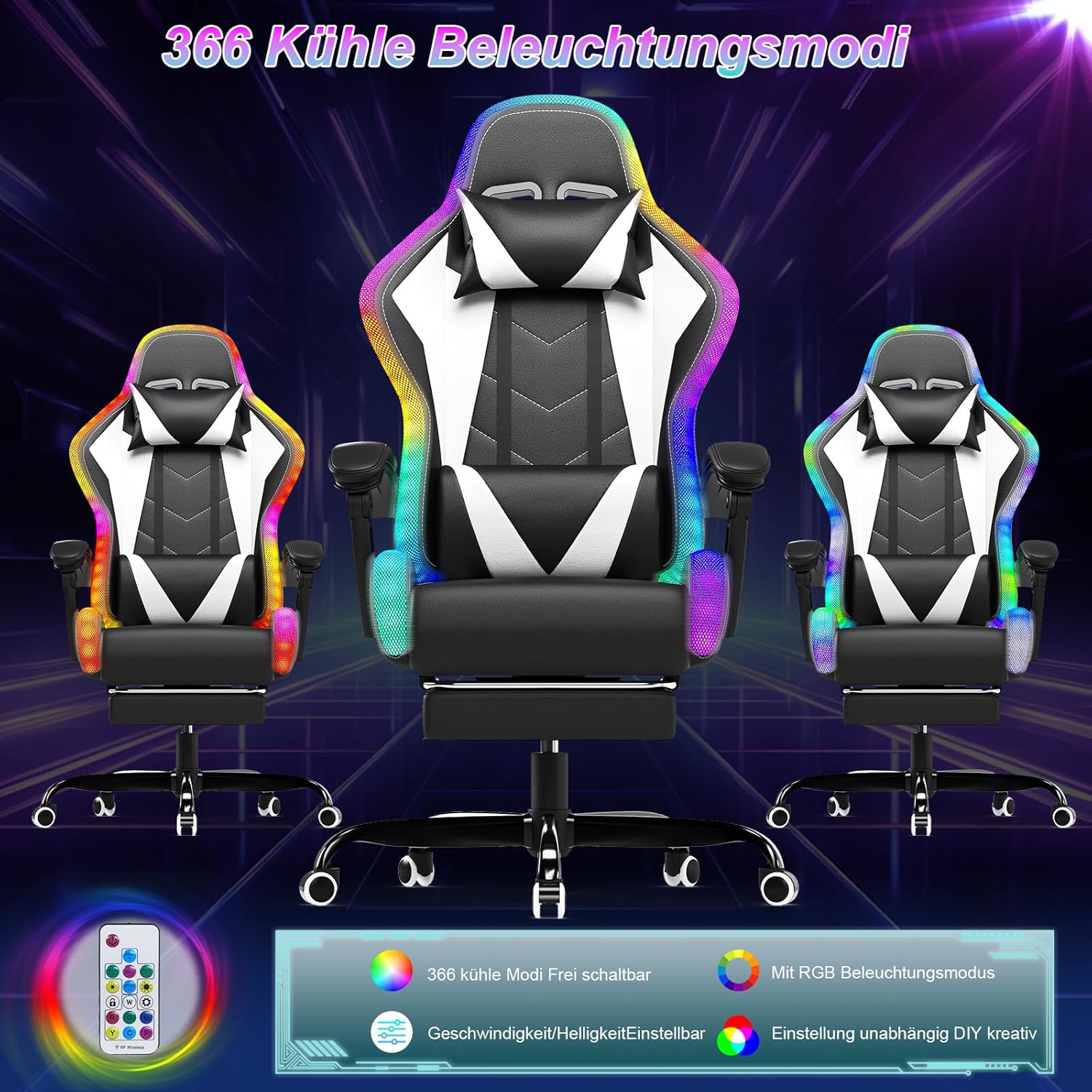 Devoko LED Gaming Stuhl, Cool und Augenschonendes. Ergonomischer Bürostuhl mit Massagefunktion, Teleskop-Fußstütze, Verstellbarem Rückenlehnen von 90-135°,Gamer Stuhl 150 kg belastbarkeit, Weiß