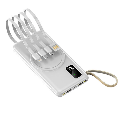 Power Bank Smartek de 10.000 mAh com 4 cabos integrados e carregamento sem fio Qi.