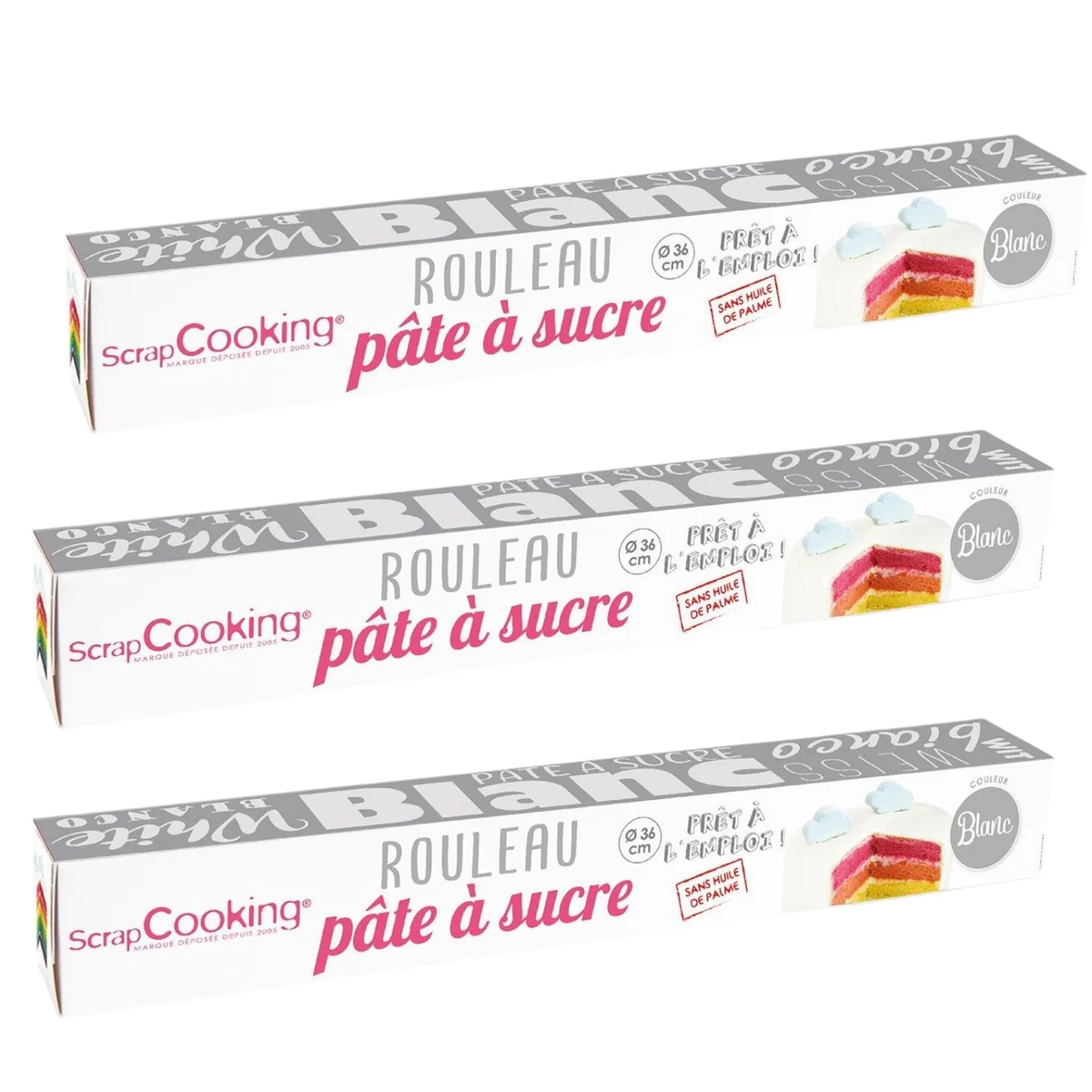 3 rouleaux de pâte à sucre blanche Ø 36 cm Scrapcooking