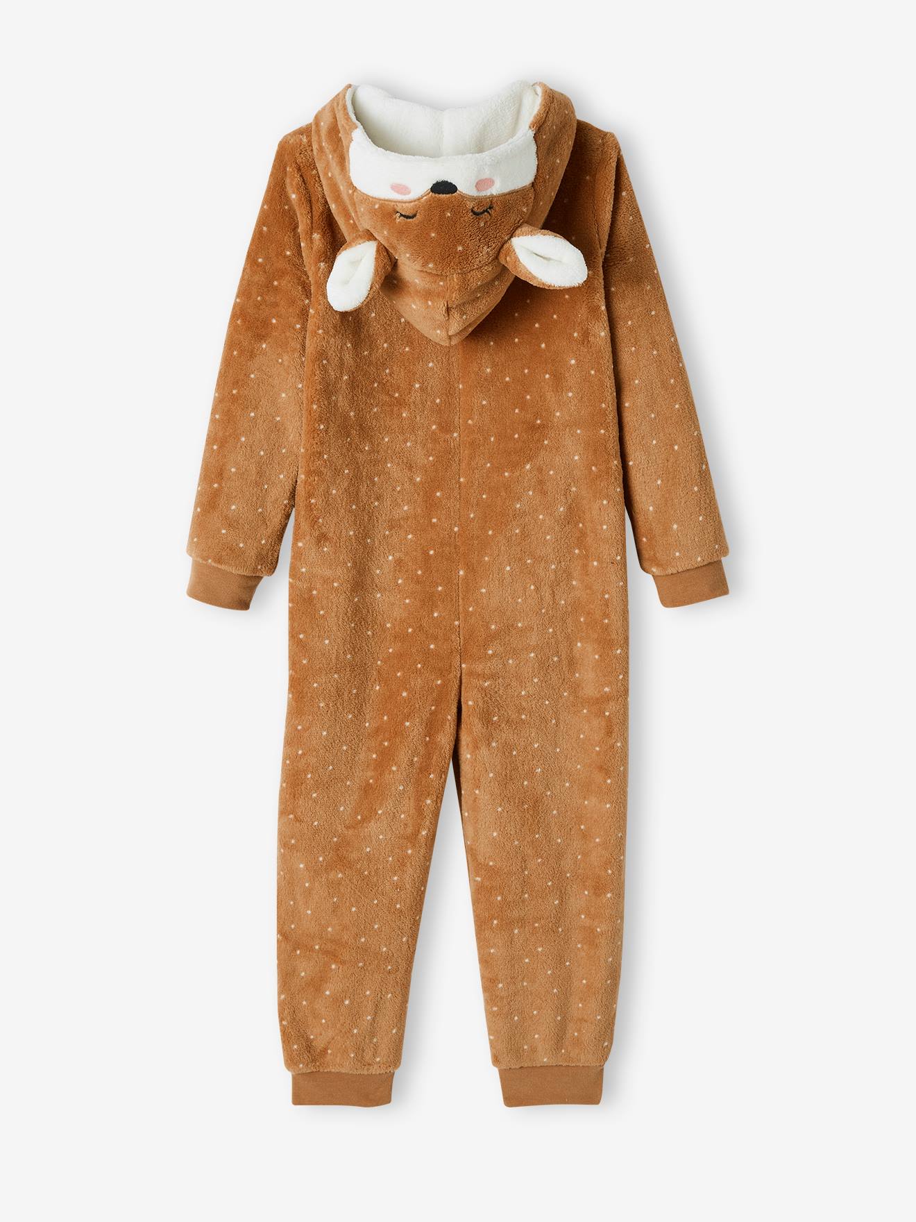 Pijama macacão raposa, marrom claro liso com estampas, infantil.