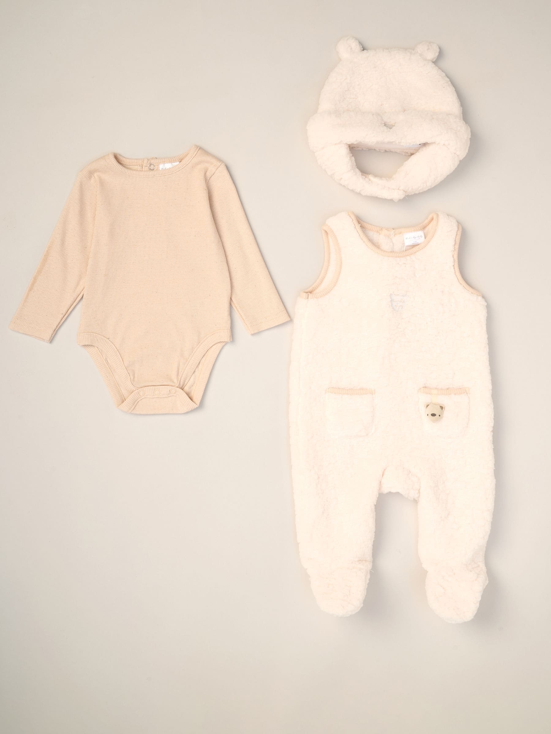 Rock-A-Bye Baby Boutique Baby Borg White Dungarees Bodysuit and Hat Set 3 Piece