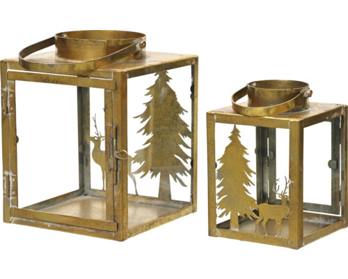 Metalen lantaarn, set van 2, met bosmotief, 17 x 16,5 x 21,5 cm / 12 x 11,5 x 16,5 cm, goud