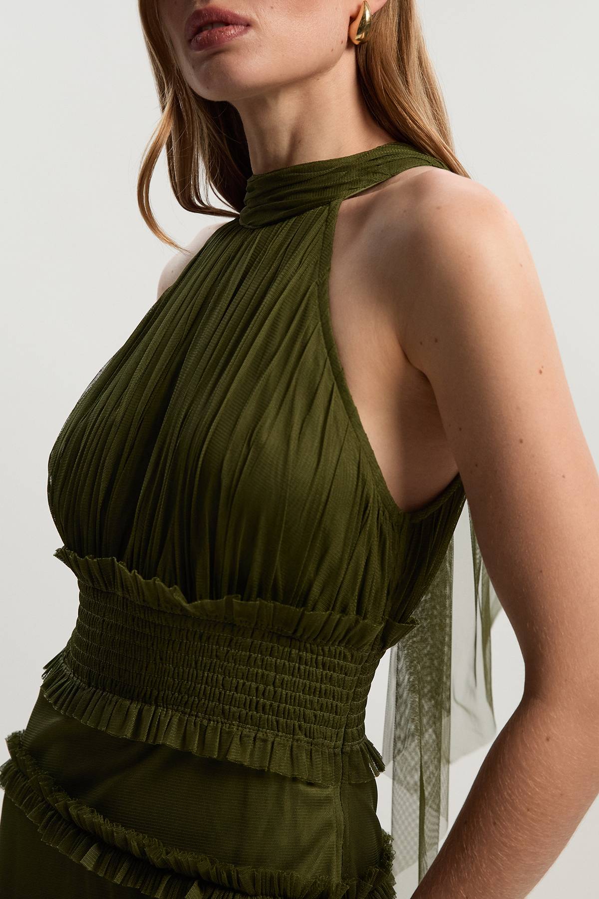 KarenMillen Robe Longue à Col Licou en Tulle à Volants