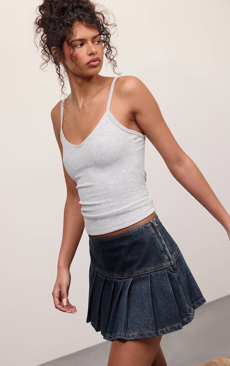 Délavage Vintage Mini-jupe Plissée En Denim Indigo Brut Taille Mi-haute