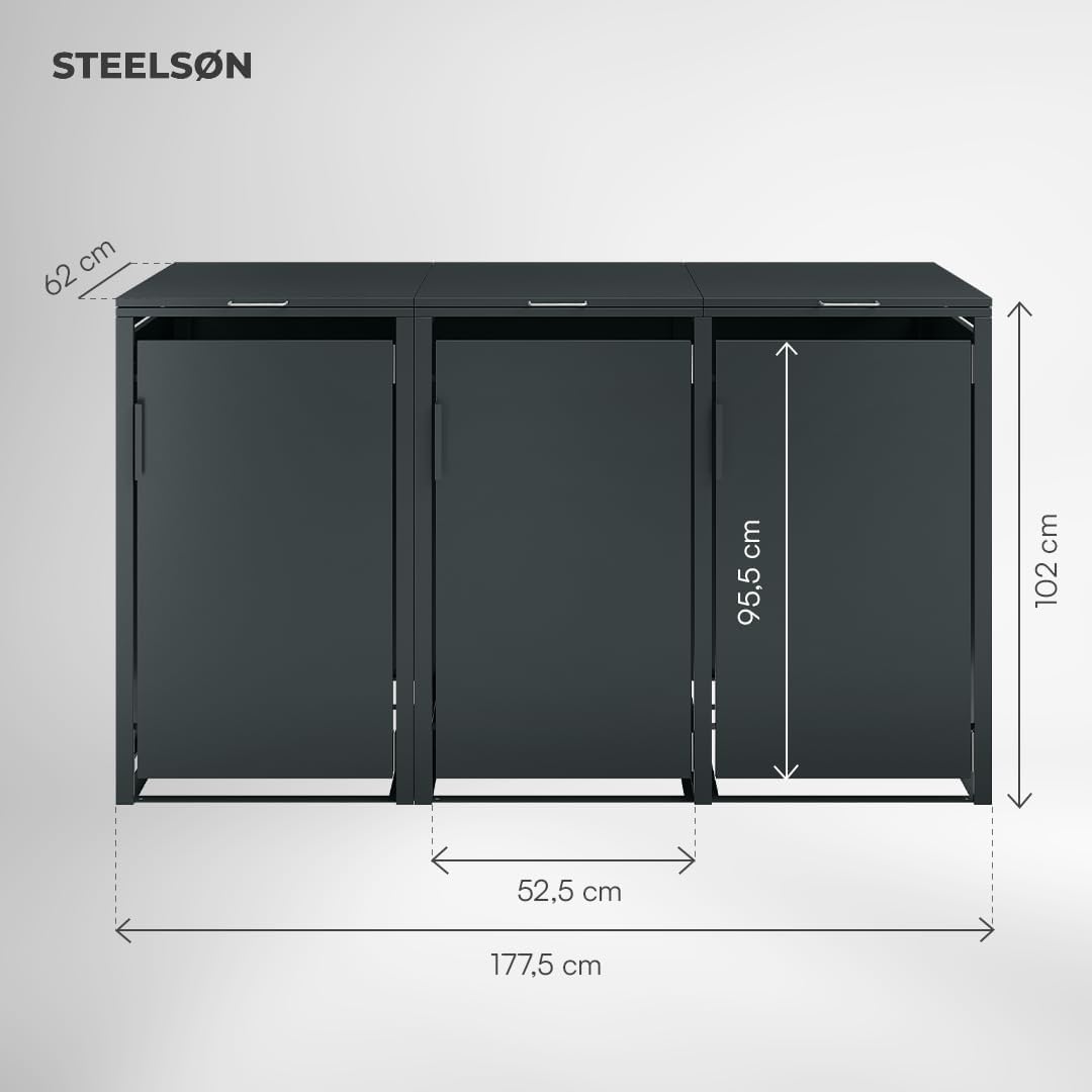 STEELSØN Thoria 3er Mülltonnenbox bis 120L – Müllcontainer für 3 Tonnen aus verzinktem Stahl – Mülltonnenverkleidung in Anthrazit wetterfest – hochwertige Müllbox/Gerätebox
