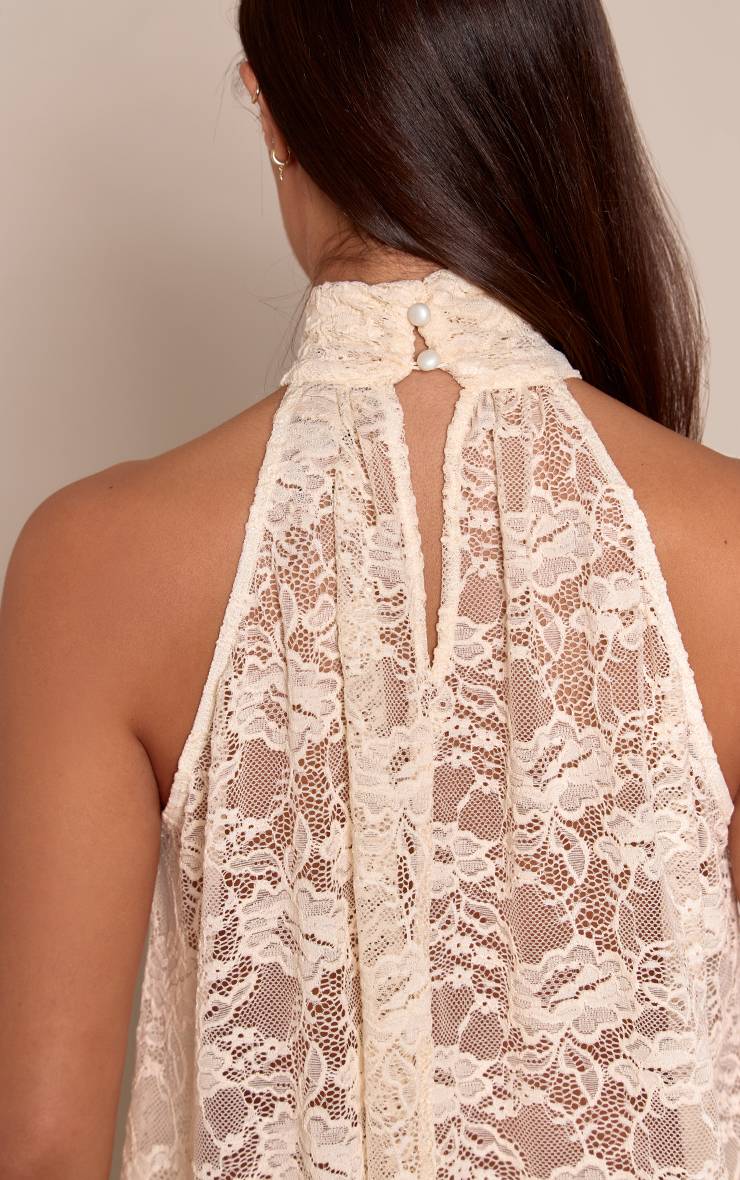 Crème Haut Sans Manches Col Montant En Dentelle Transparente - Ensemble Coordonné