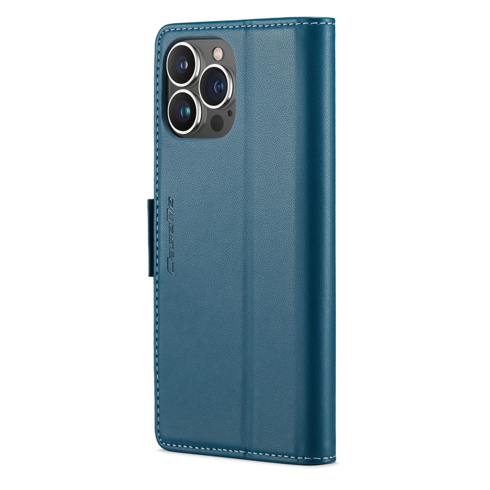 iPhone 14 Pro Leder Tasche Flip Wallet Etui mit Kartenfächern Litchi Look (RFID Schutz) - Blaugrün