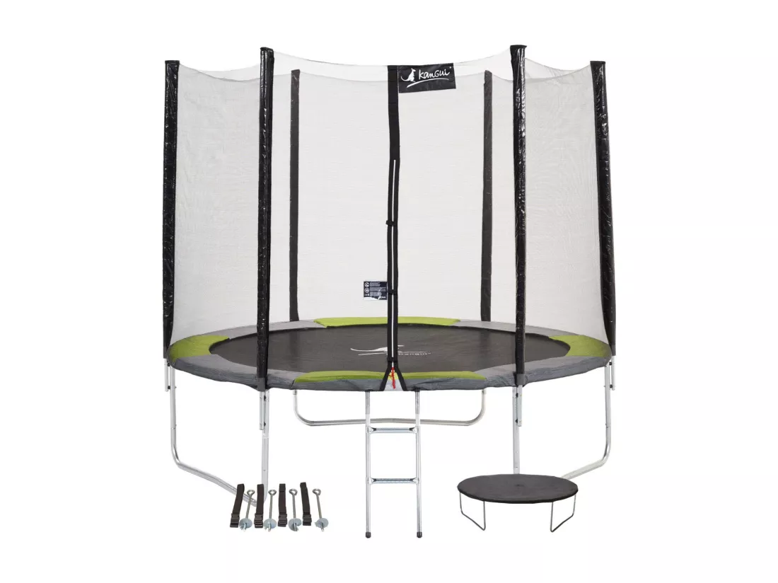 Kangui - Trampoline rond Ø300cm avec filet, échelle, bâche et kit d'ancrage - RALLI 300 + Kit Yoga Expert
