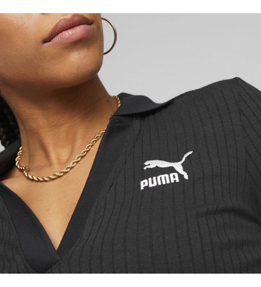 Camiseta Puma Classic com Decote em V e Textura Canelada, Preta