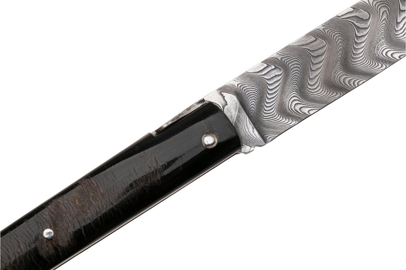 Laguiole en Aubrac Sauveterre Buffalo Crust, Handcarved Plates, Balbach Damascus, zakmes, 11 cm