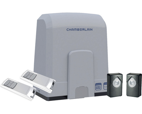 Chamberlain CHSL400EVC schuifpoortaandrijving voor schuifpoorten tot 4 m, max. 400 kg, inclusief 2 x design afstandsbedieningen, 1 x infrarood fotocel, 2 sleutels voor noodontgrendeling.