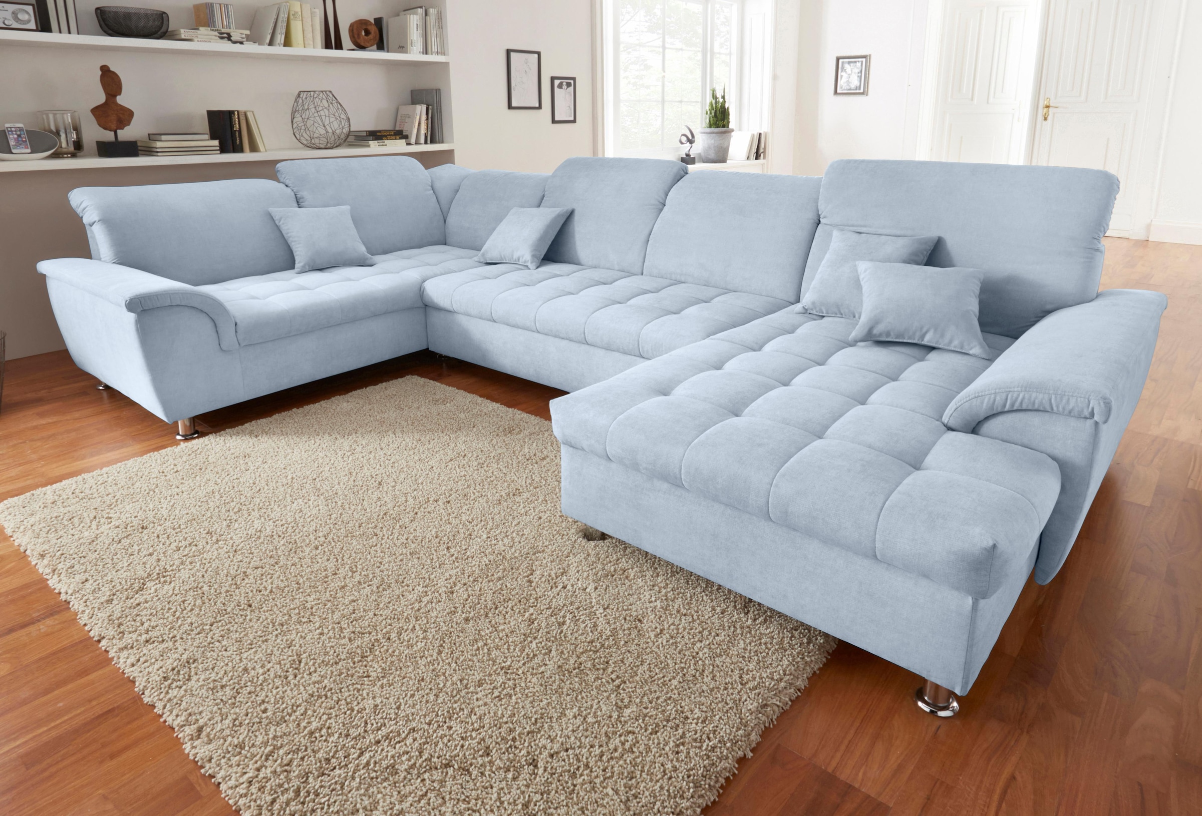 DOMO collection Wohnlandschaft »Franzi optional mit Bettfunktion, Bettkasten & Kopfteilverstellung« U-Form, Recamiere rechts, pastelblau, B/T: 344/206 cm