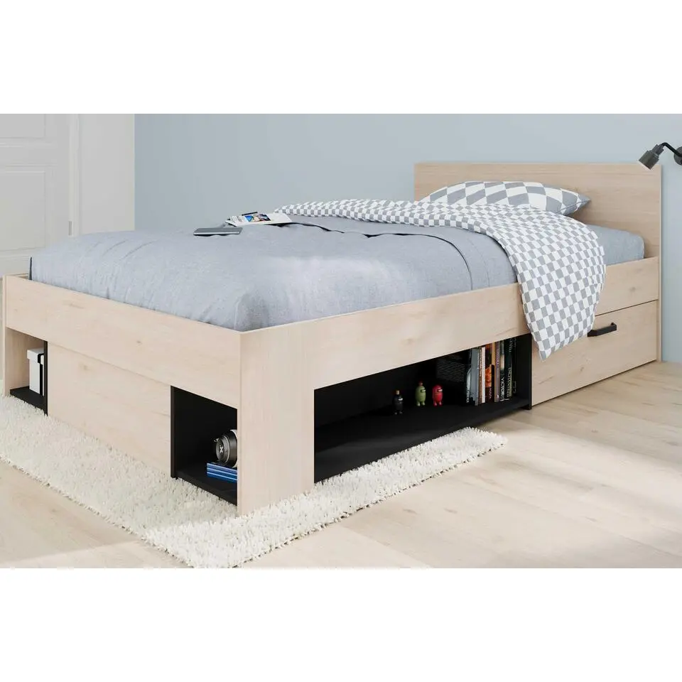 Kinderbed Achiel - 120x200/190cm - met opbergruimte - eikdecor/zwart