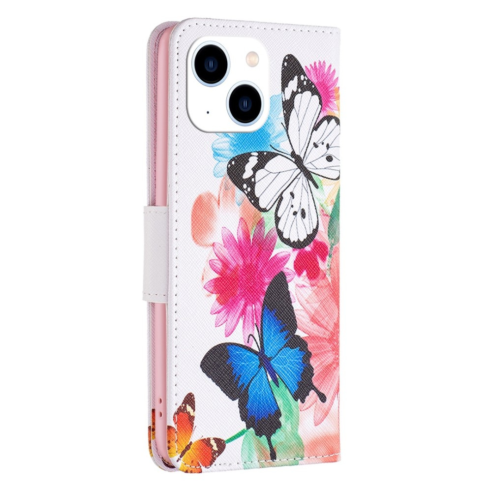iPhone 14 Leder Tasche mit Kartenfächern - Blumen & Schmetterlinge