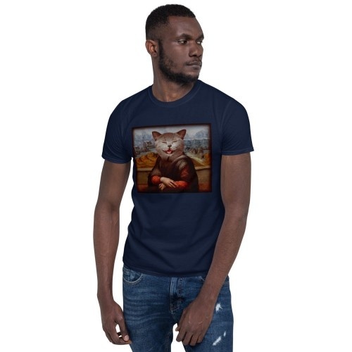 Camiseta masculina Mascochula, La Gioconda, personalizada com seu animal de estimação, azul marinho