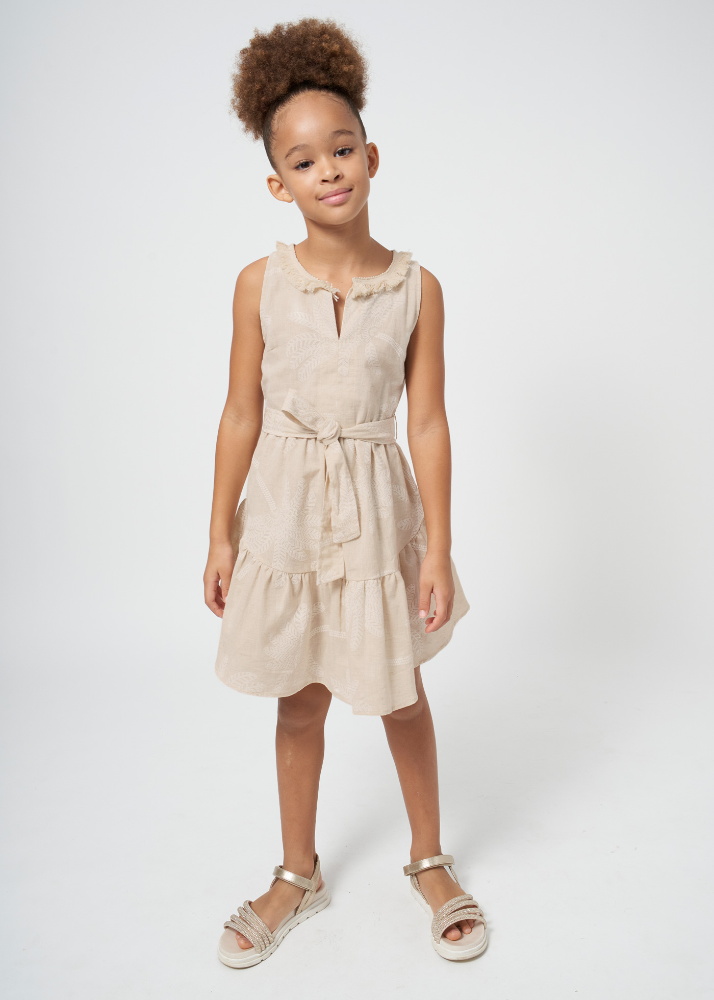 Vestido de linho com estampa de palmeiras para meninas
