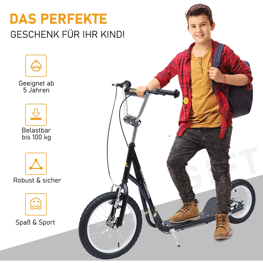 HOMCOM Kinderroller mit Luftbereifung und Handbremse schwarz